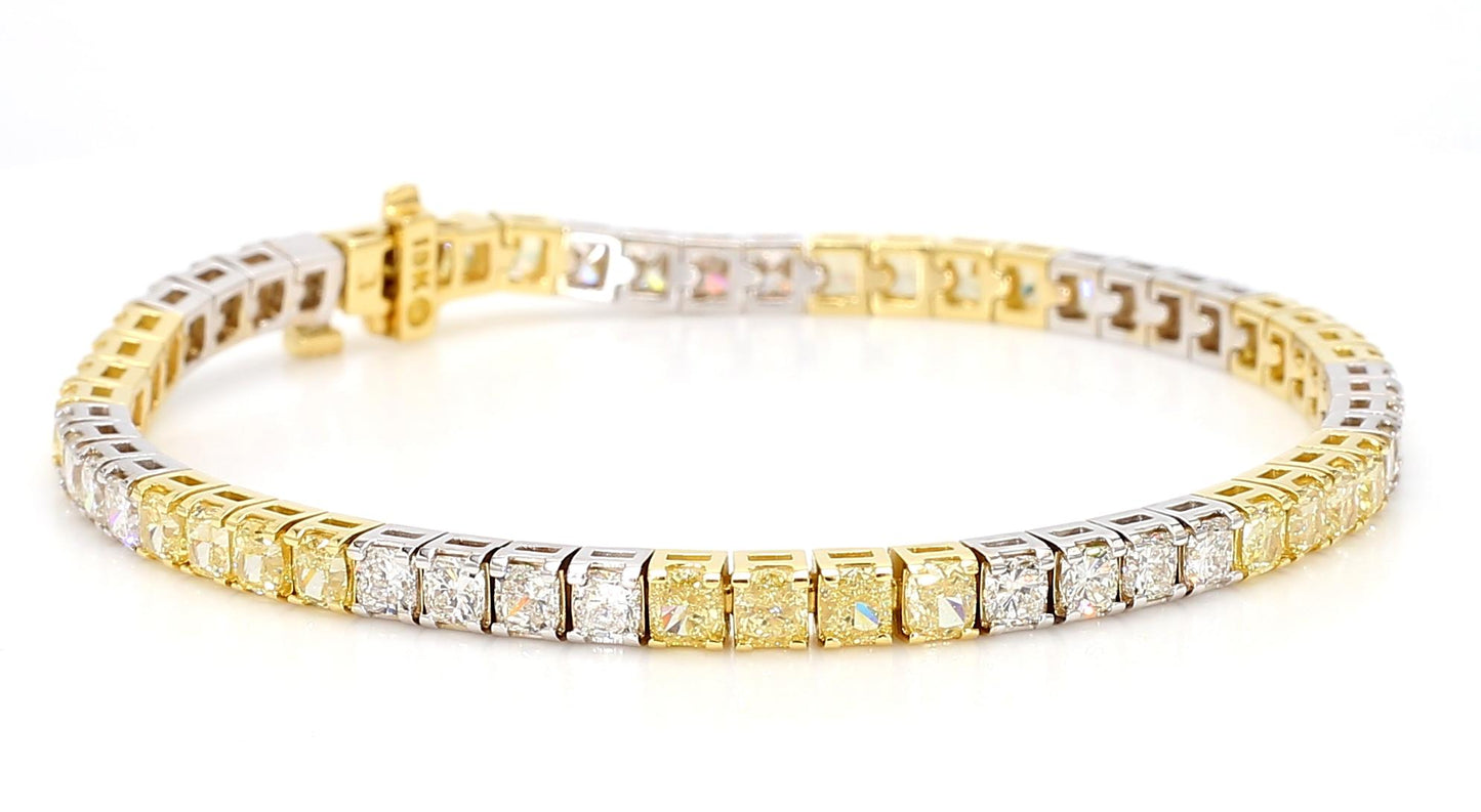 Natural Yellow Cushion and White Diamond 9.47 Carat TW Gold Tennis Bracelet