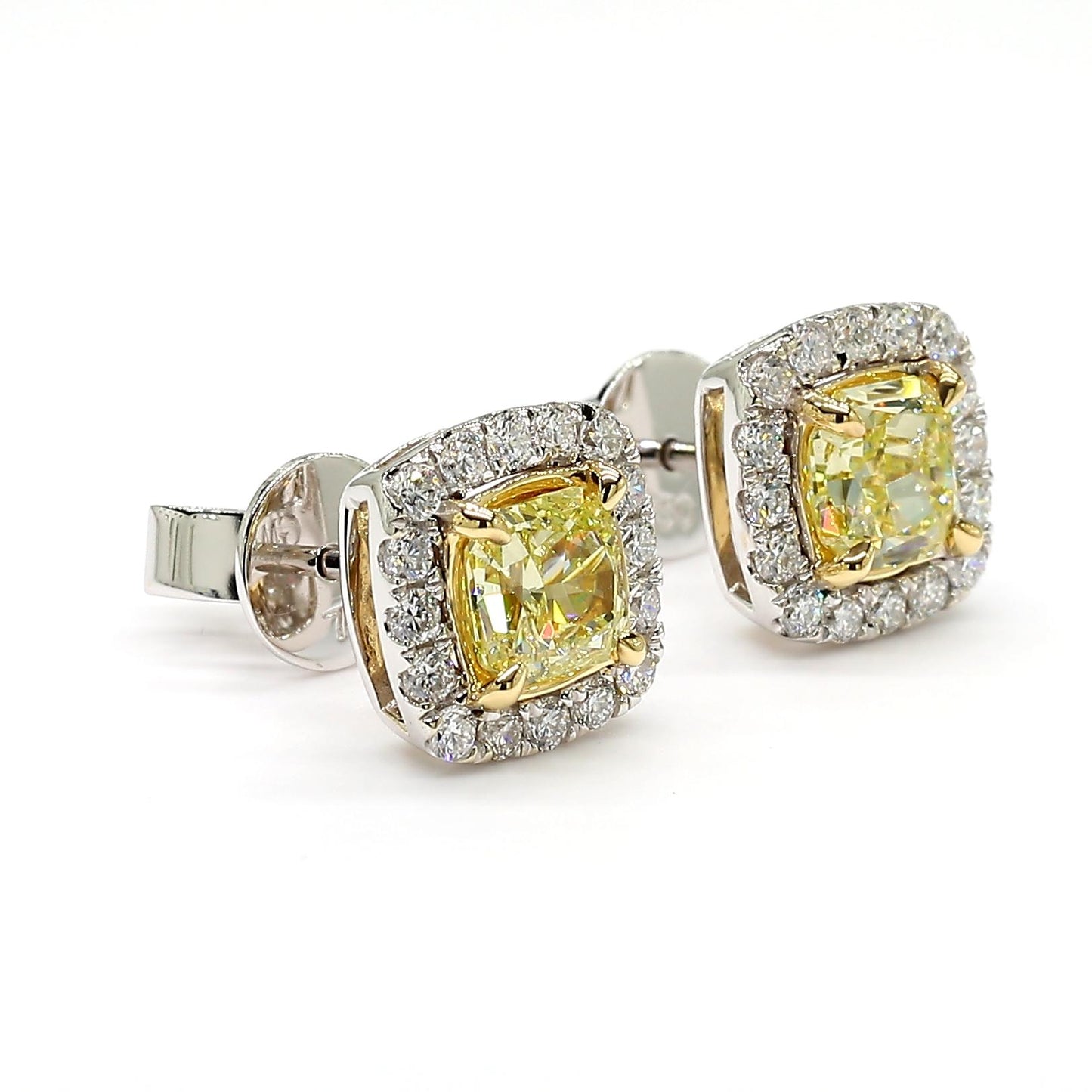 GIA Certified Fancy Yellow Radiant Diamond 1.40 Carat TW Gold Stud Earrings