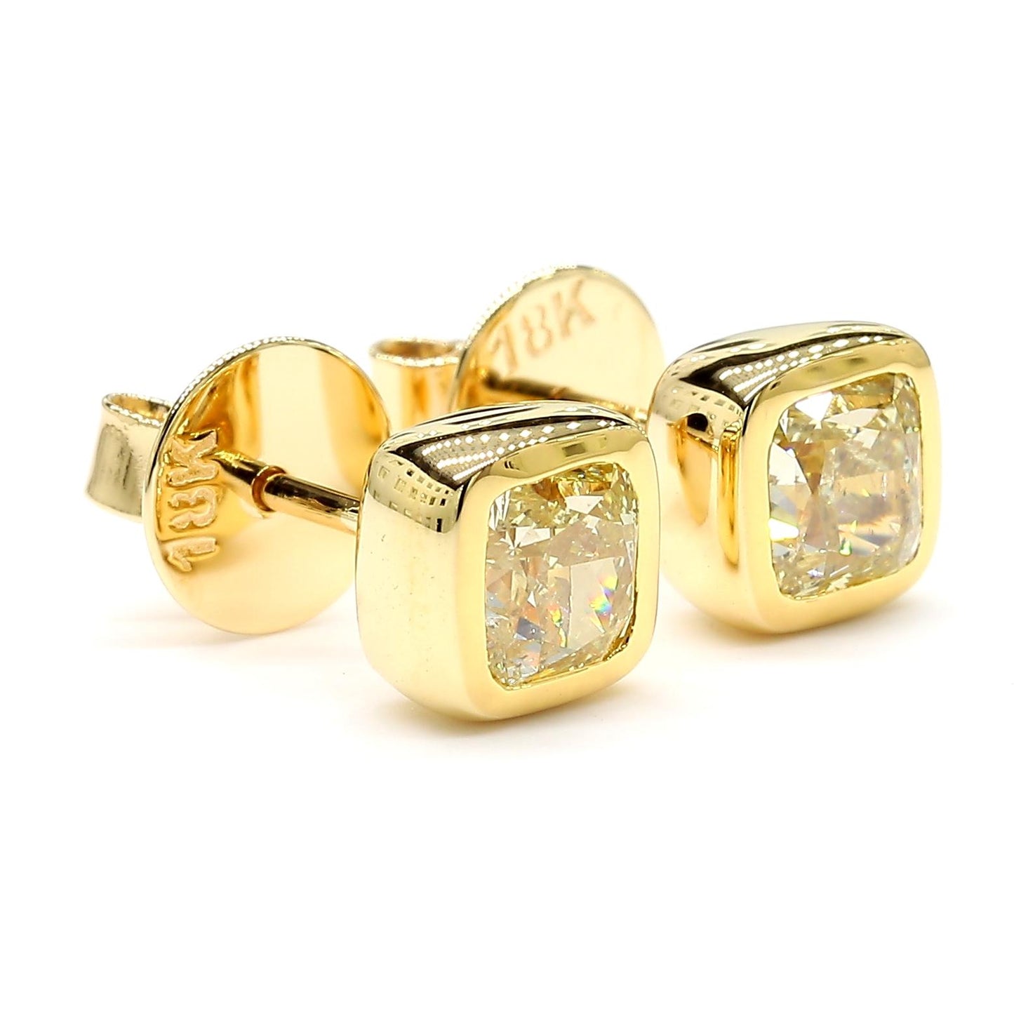 GIA Certified Natural Yellow Cushion Diamond 2.00 Carat TW Gold Stud Earrings