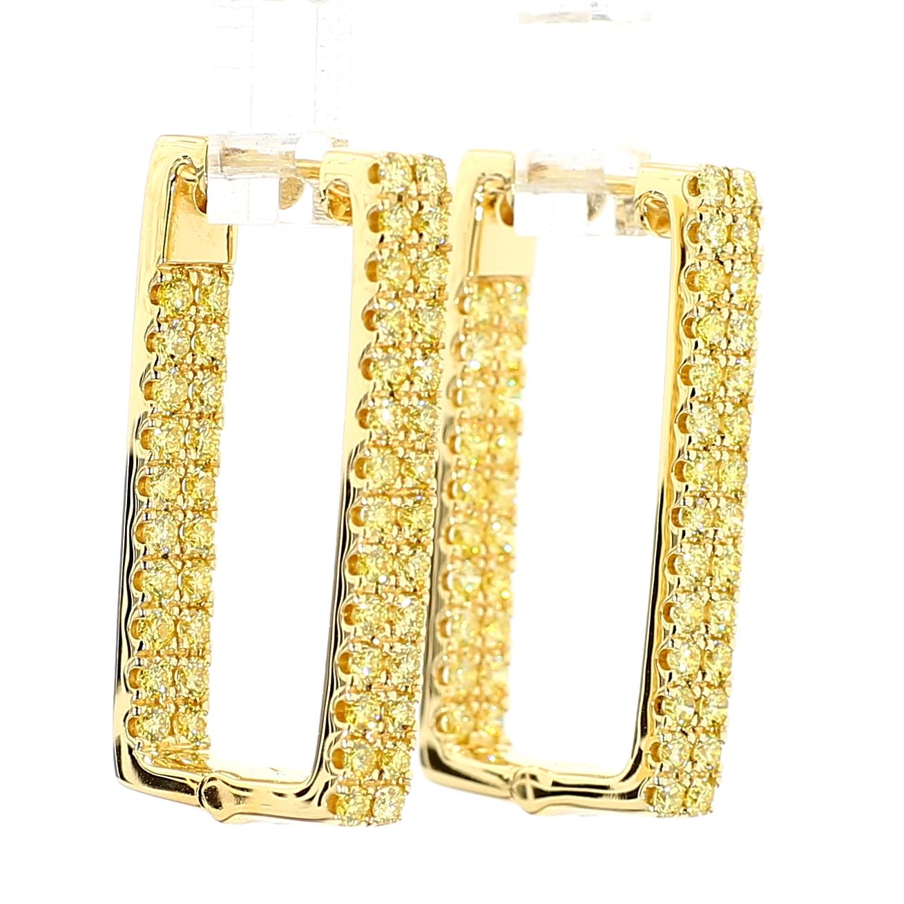Natural Yellow Round Diamond 1.55 Carat TW Yellow Gold Hoop Earrings