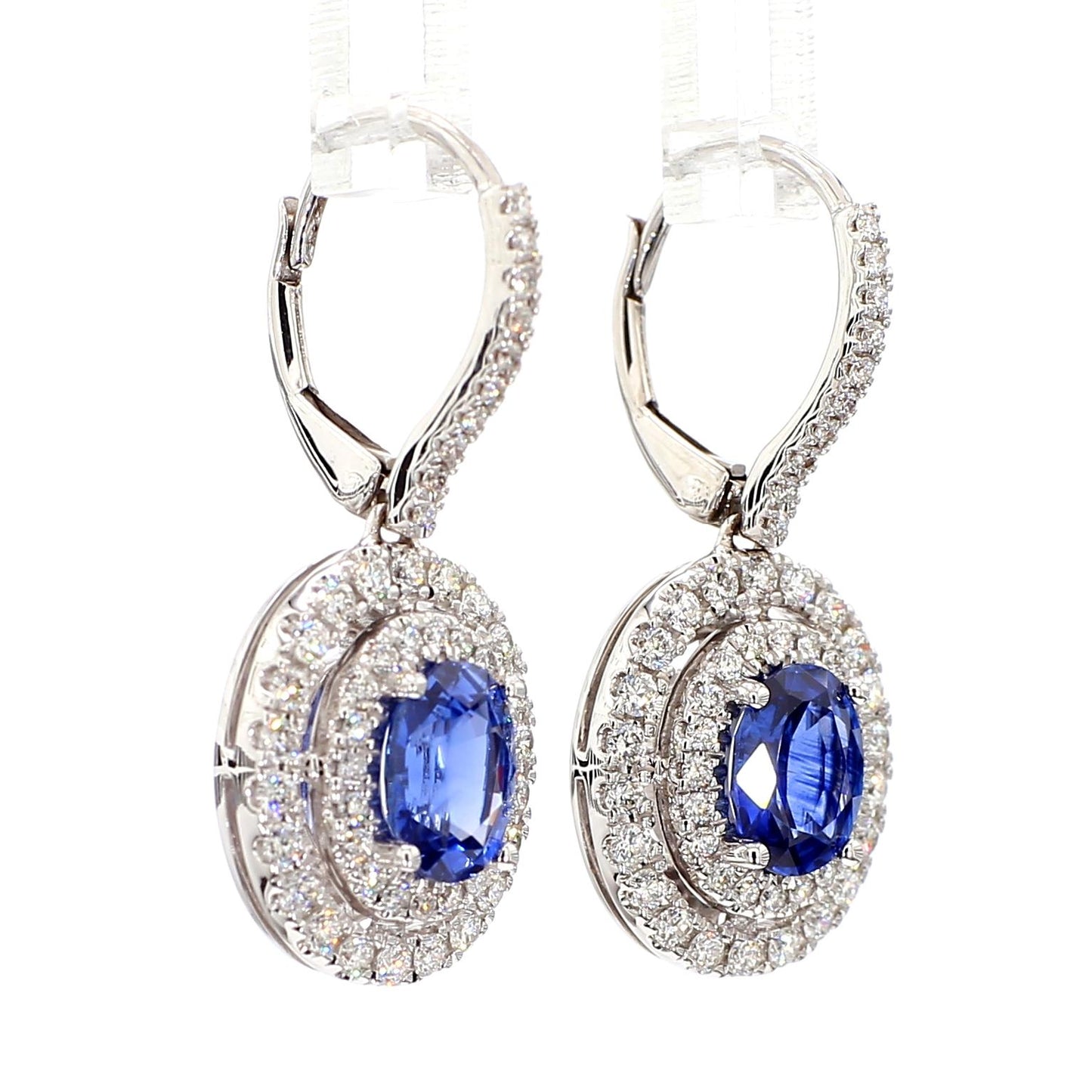 Natural Blue Oval Sapphire and White Diamond 2.97 Carat TW Gold Drop Earrings