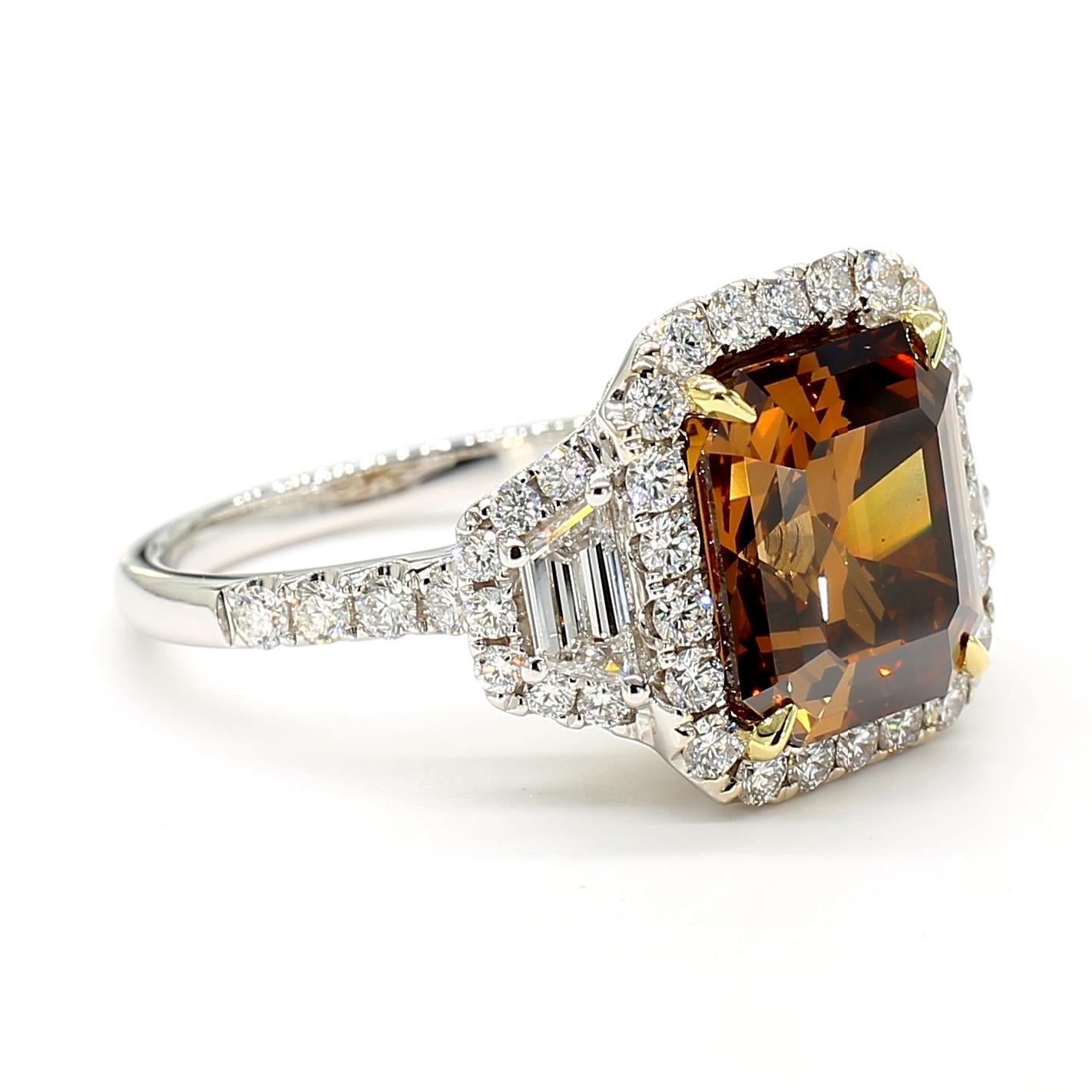 GIA Certified Deep Orange-Brown Emerald Diamond 6.40 Carat TW Gold Cocktail Ring