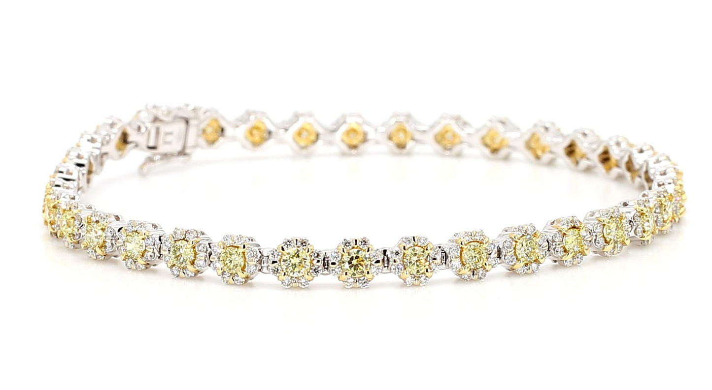 Natural Yellow Round and White Diamond 3.27 Carat TW Gold Tennis Bracelet