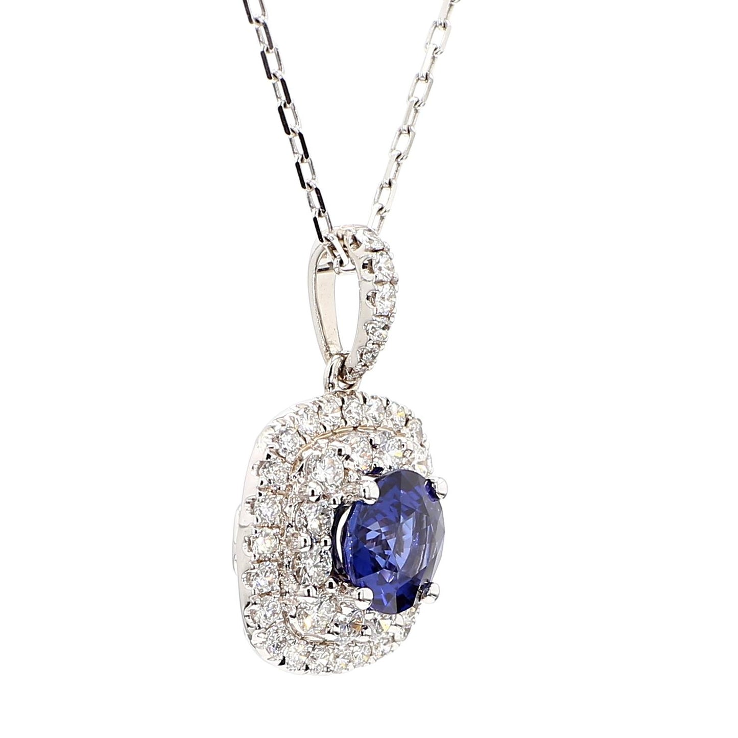 Natural Blue Round Sapphire and White Diamond 2.54 Carat TW Gold Drop Pendant