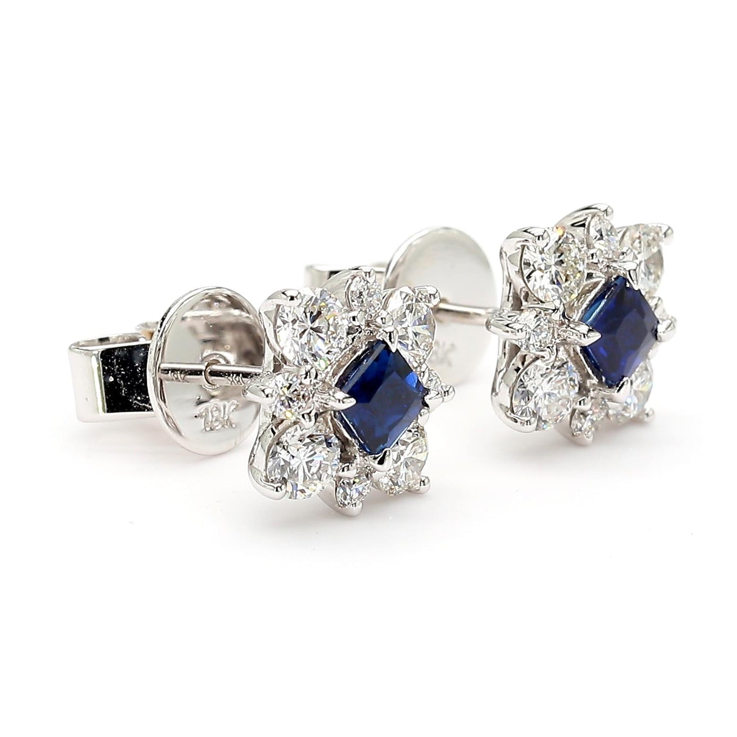 Natural Blue Princess Sapphire and Diamond 1.28 Carat TW Gold Stud Earrings