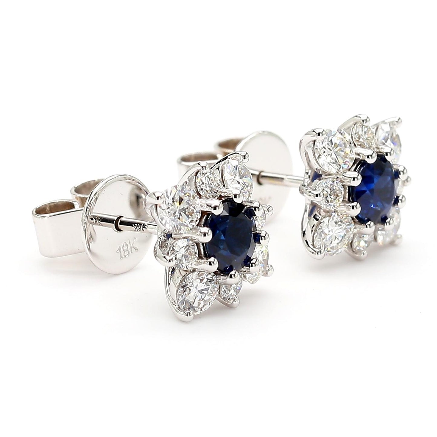 Natural Blue Round Sapphire and Diamond 1.51 Carat TW Gold Stud Earrings