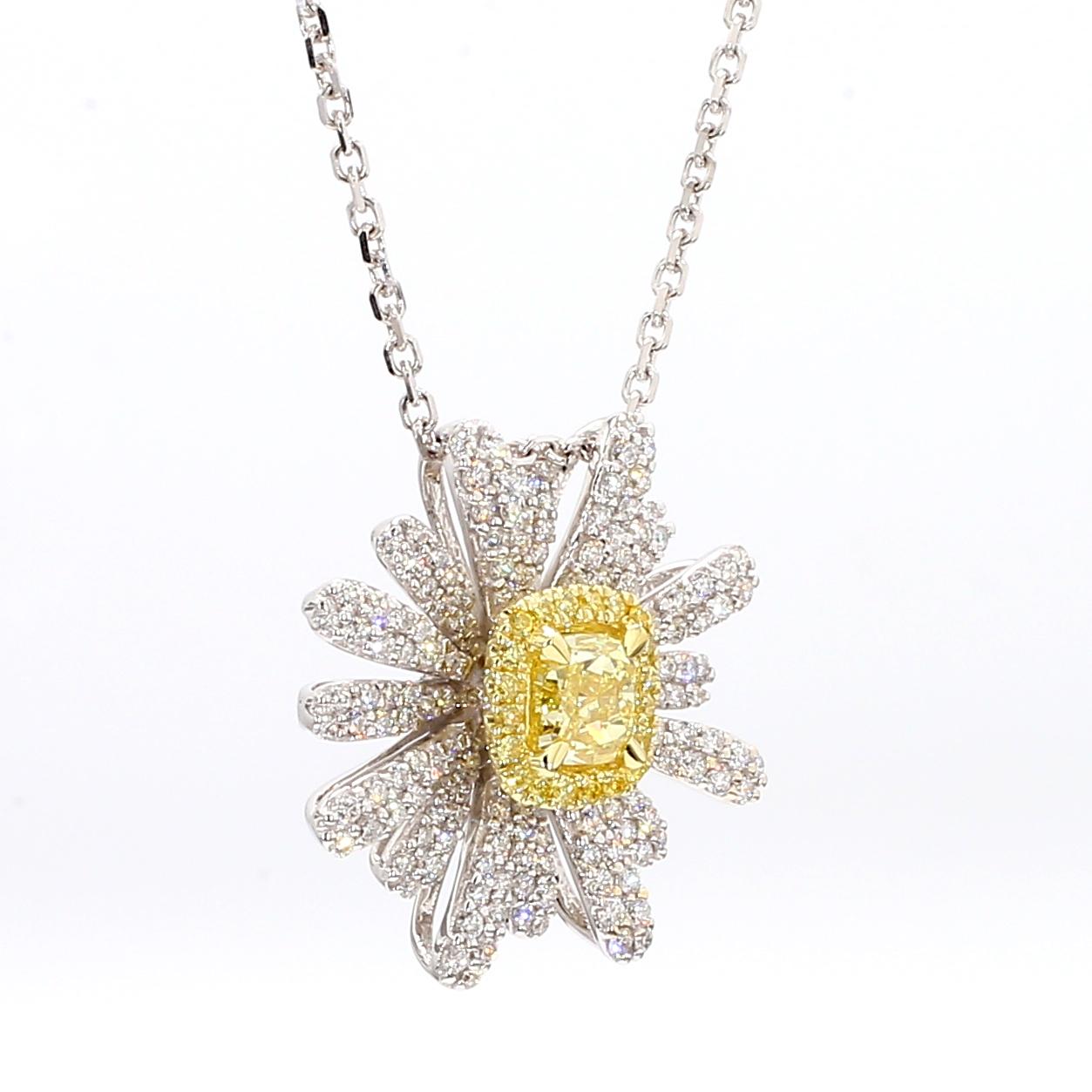 GIA Certified Fancy Yellow Cushion Diamond 1.50 Carat TW Gold Drop Pendant