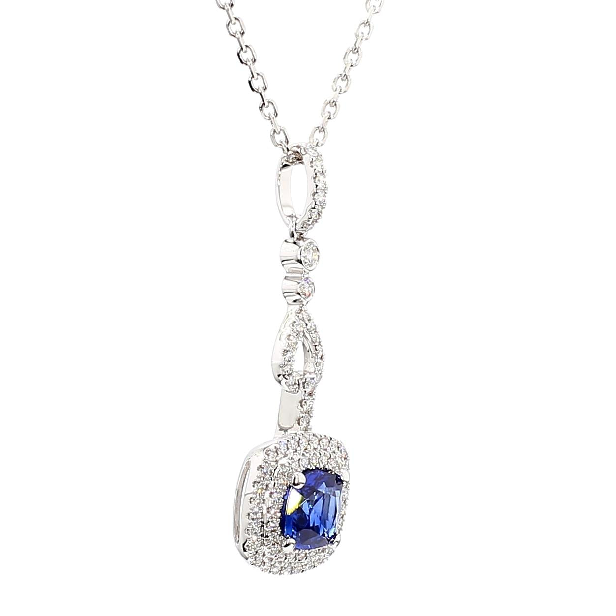 Natural Blue Cushion Sapphire and White Diamond 1.23 Carat TW White Gold Pendant