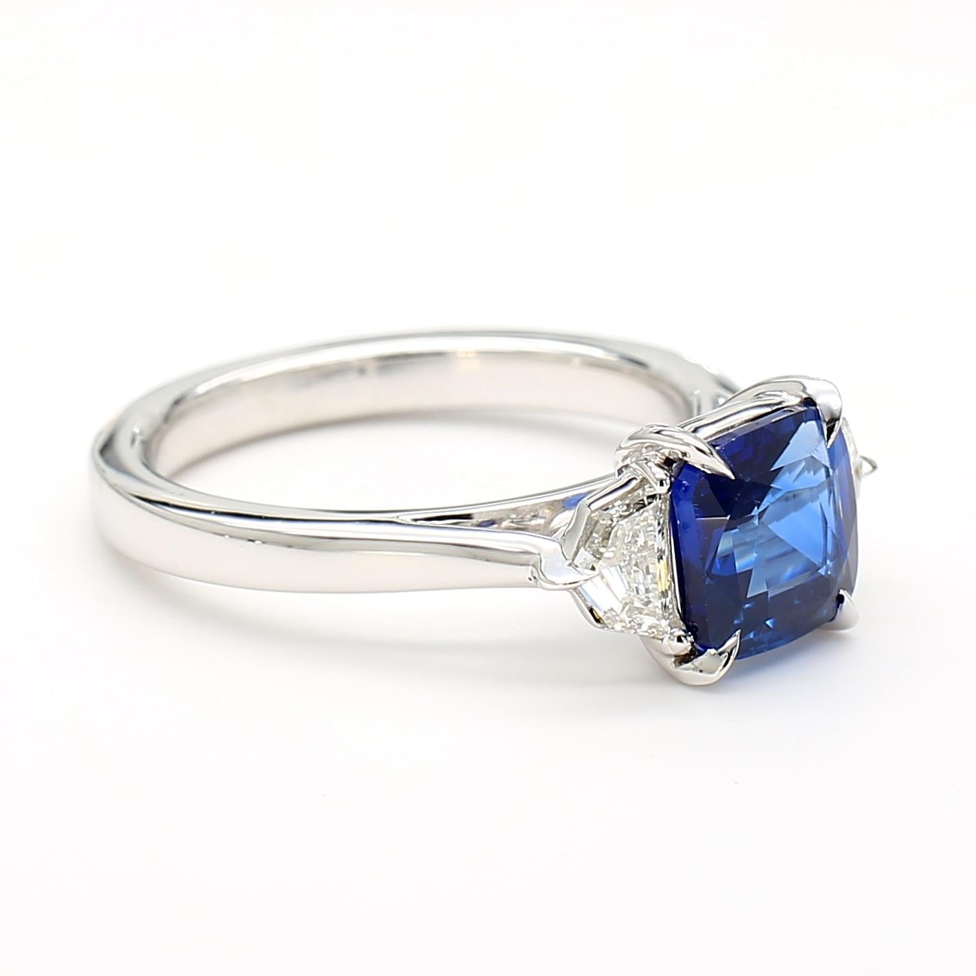 GIA Certified Blue Cushion Sapphire and White Diamond 2.40 Carat TW Gold Ring