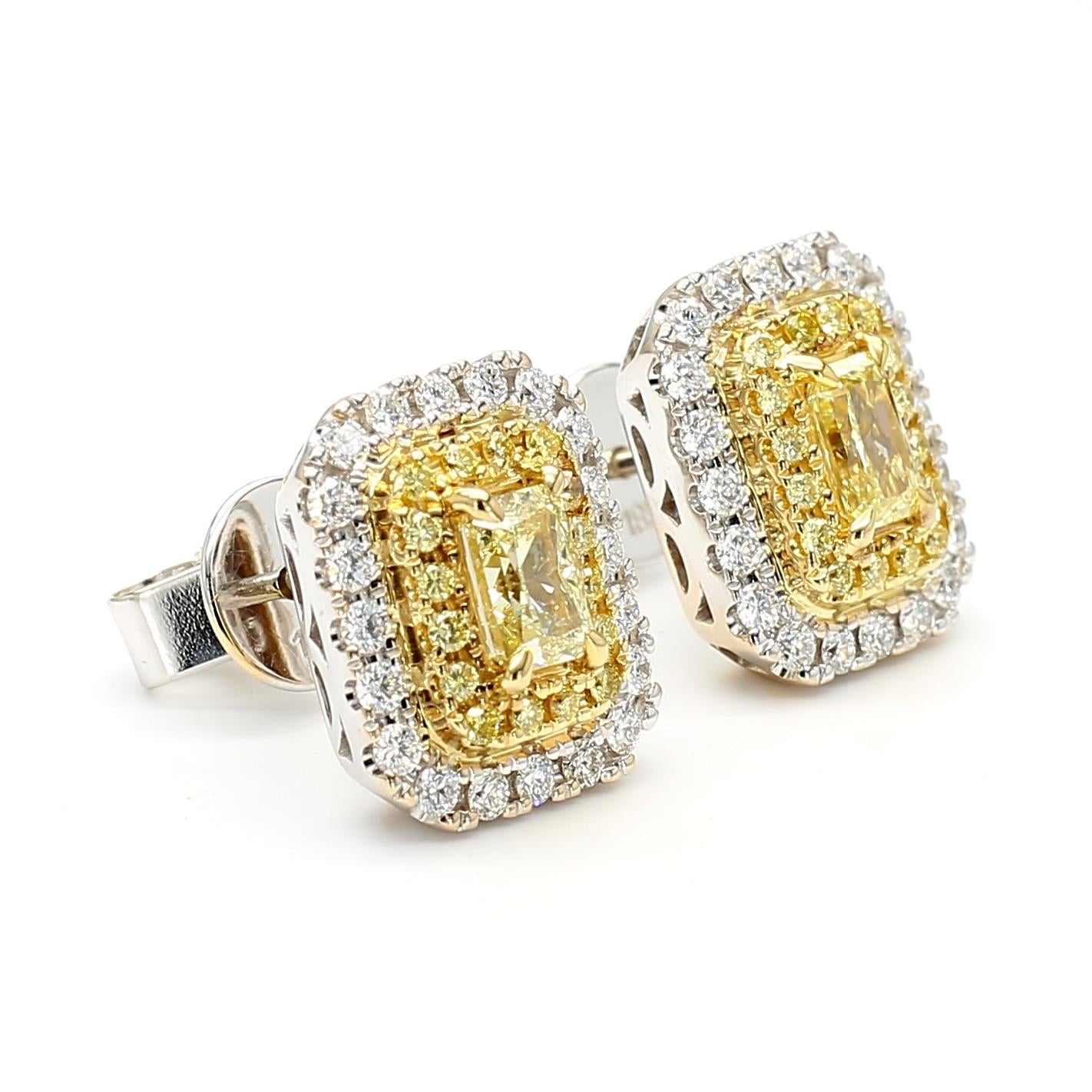 GIA Certified Natural Yellow Radiant Diamond 1.38 Carat TW Gold Stud Earrings