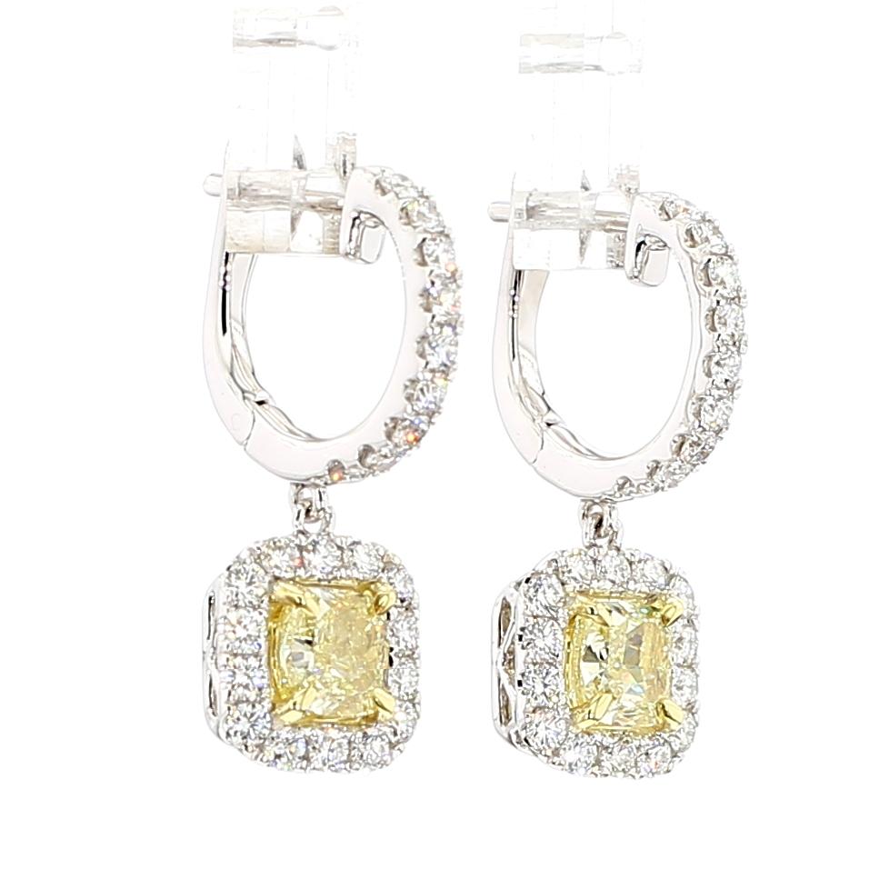 GIA Certified Natural Yellow Cushion Diamond 2.67 Carat TW Gold Drop Earrings