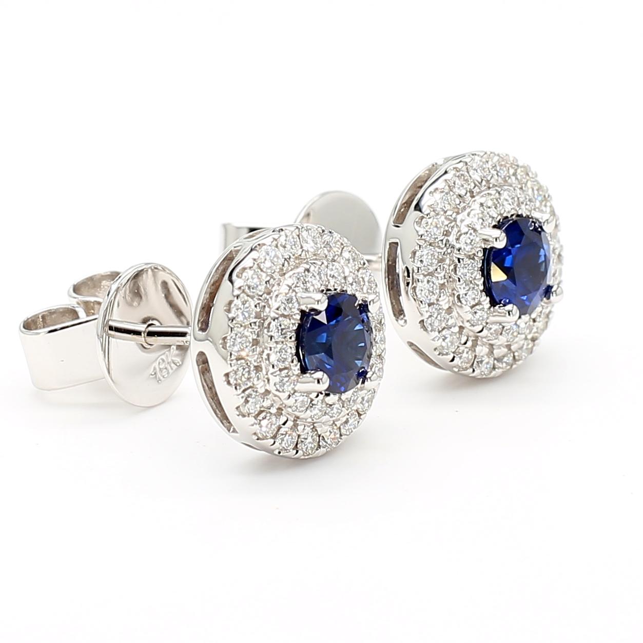 Natural Blue Round Sapphire and Diamond 1.05 Carat TW Gold Stud Earrings