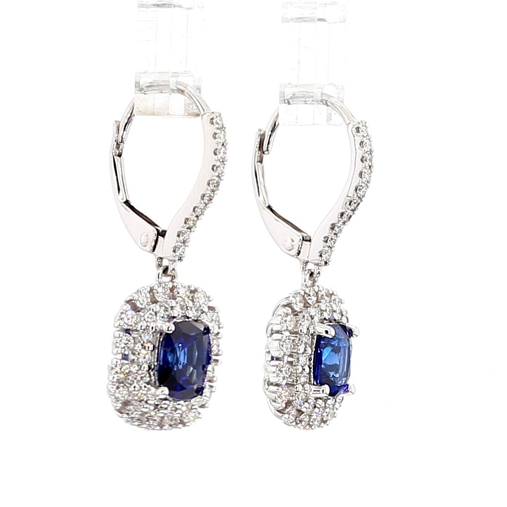 Natural Blue Cushion Sapphire and White Diamond 2.53 Carat TW Gold Drop Earrings
