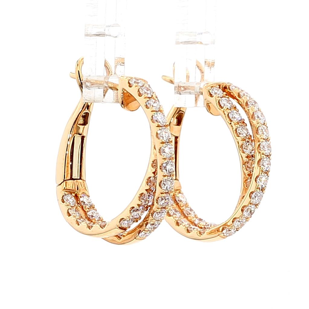 Natural White Round Diamond 1.66 Carat TW Rose Gold Hoop Earrings