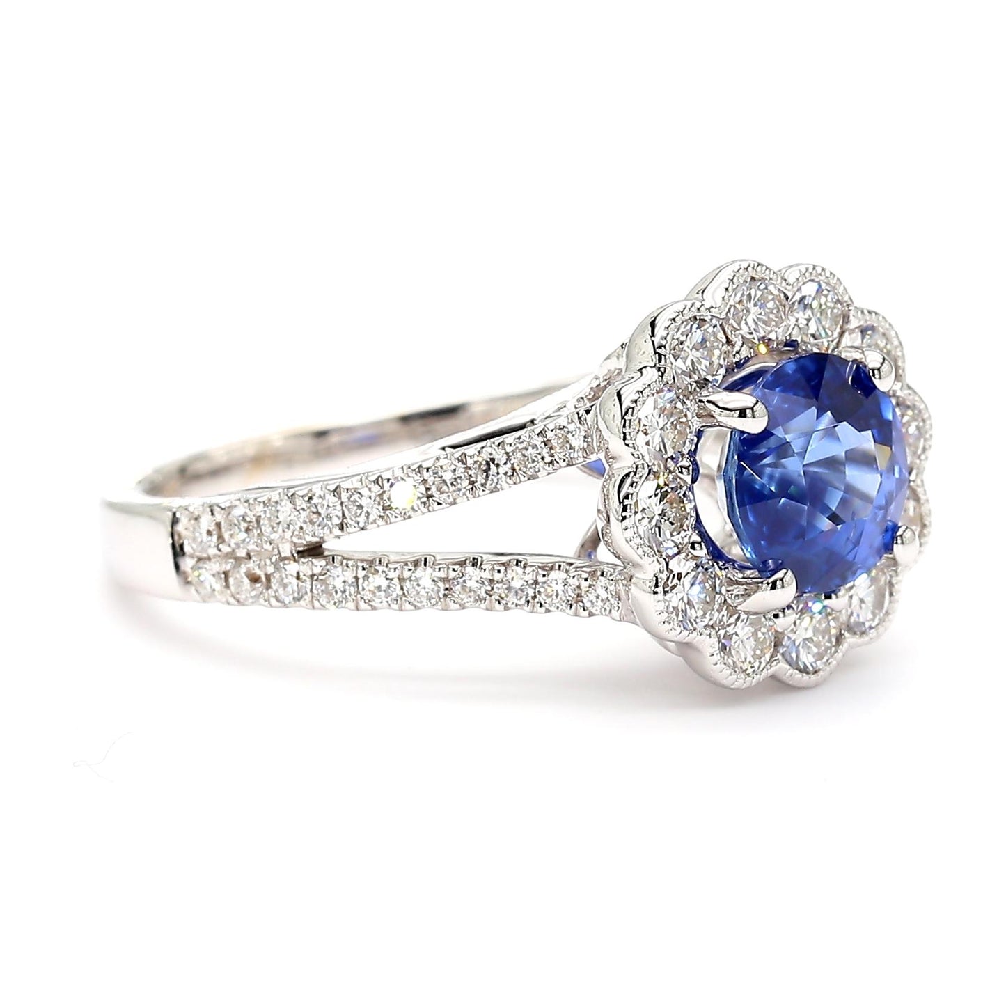 Natural Blue Round Sapphire and White Diamond 2.18 Carat TW White Gold Ring