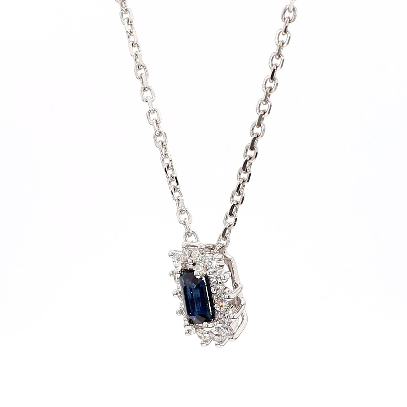 Natural Blue Emerald Cut Sapphire and Diamond 0.49 Carat TW Drop Pendant