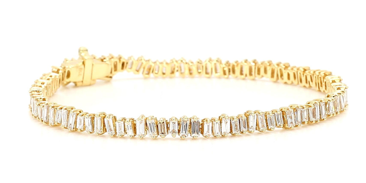 Natural White Baguette Diamond 2.95 Carat TW Yellow Gold Tennis Bracelet