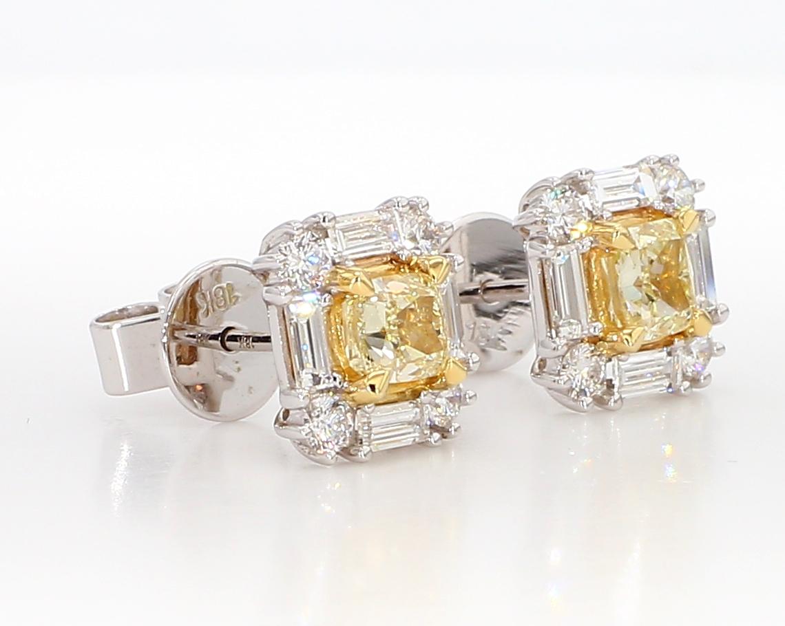 Natural Yellow Cushion Diamond 1.73 Carat TW Gold Stud Earrings