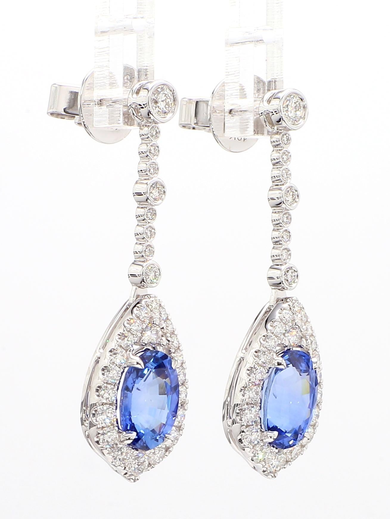 Natural Blue Oval Sapphire and White Diamond 5.20 Carat TW Gold Drop Earrings