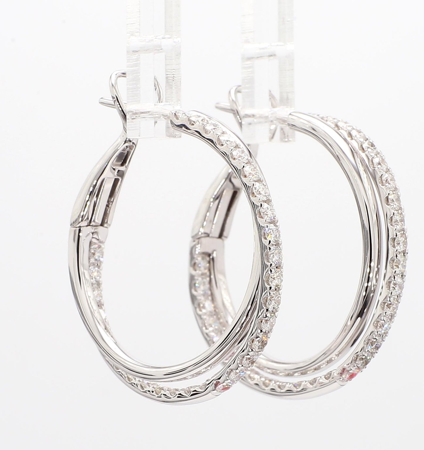 Natural White Round Diamond 1.45 Carat TW White Gold Loop Earrings