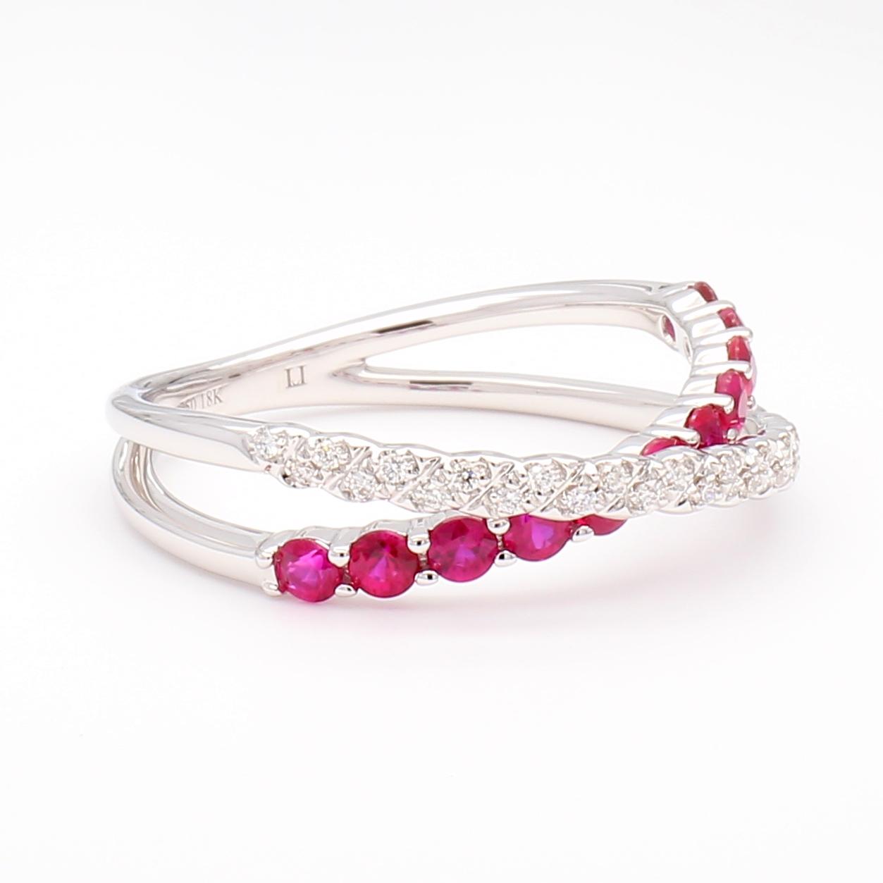 Natural Red Round Ruby and White Diamond .62 Carat TW Gold Wedding Band
