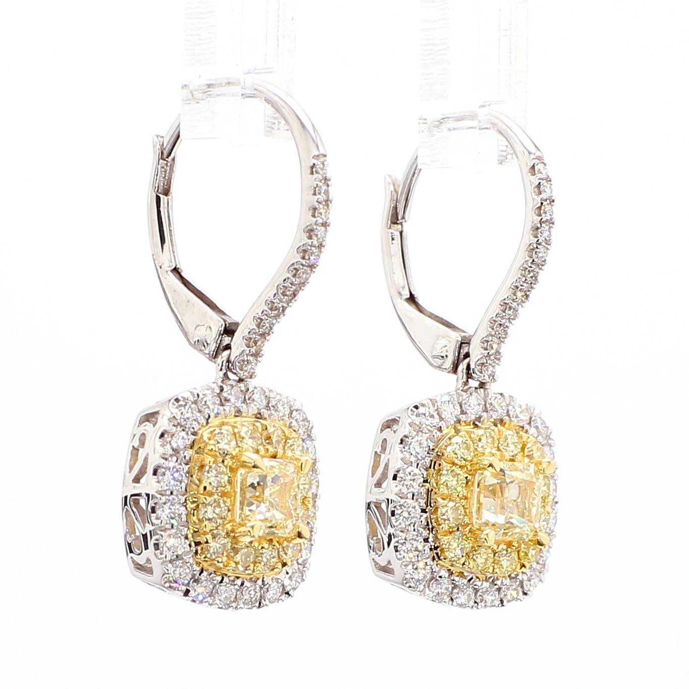Natural Yellow Cushion Diamond 1.28 Carat TW Gold Drop Earrings