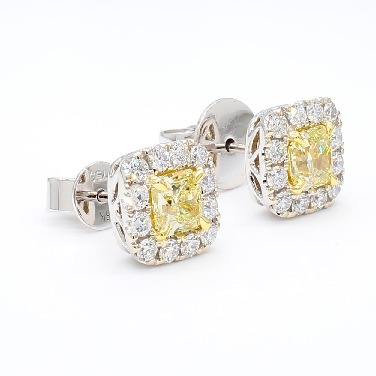 GIA Certified Natural Yellow Radiant Diamond 1.39 Carat TW Gold Stud Earrings