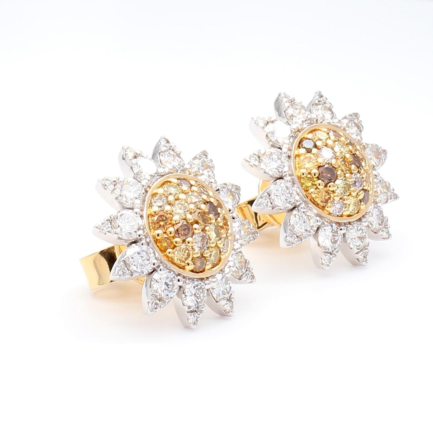 Natural Yellow Round and White Diamond 1.69 Carat TW Gold Stud Earrings