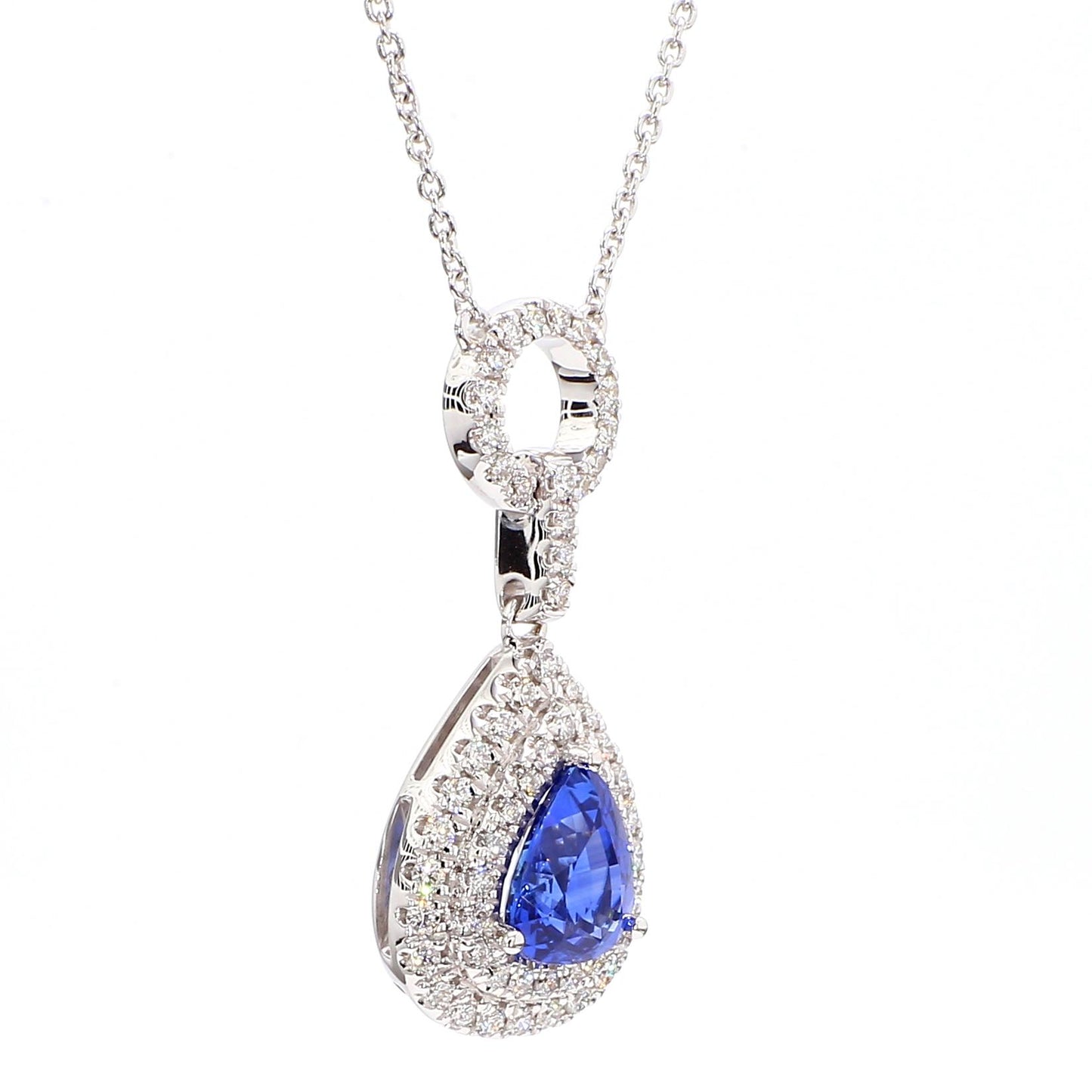 Natural Blue Pear Sapphire and White Diamond 2.08 Carat TW White Gold Pendant