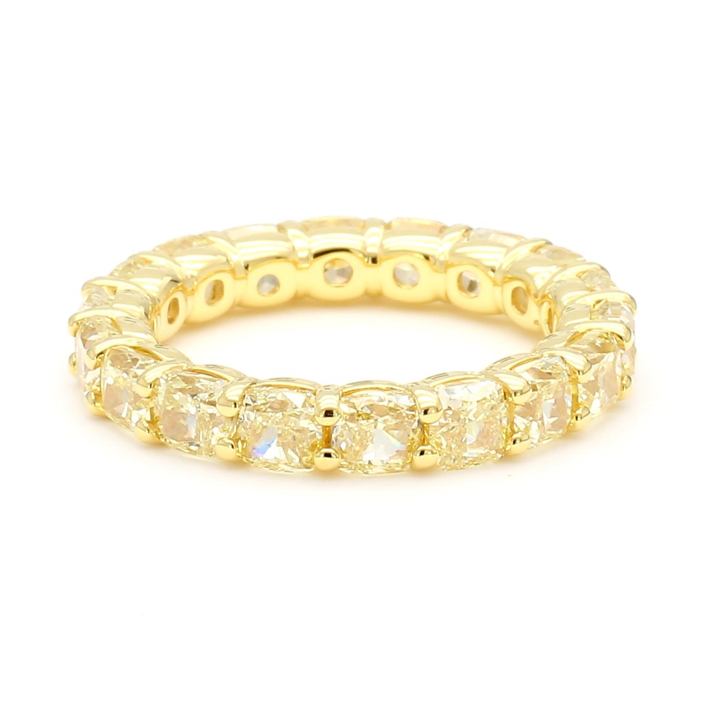 Natural Yellow Cushion Diamond 5.61 Carat TW Yellow Gold Eternity Band