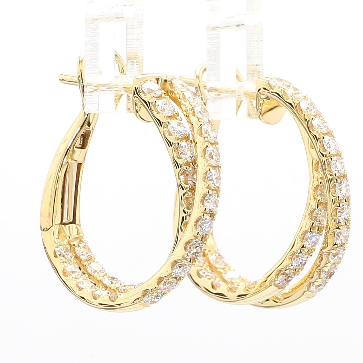 Natural White Round Diamond 1.66 Carat TW Yellow Gold Hoop Earrings
