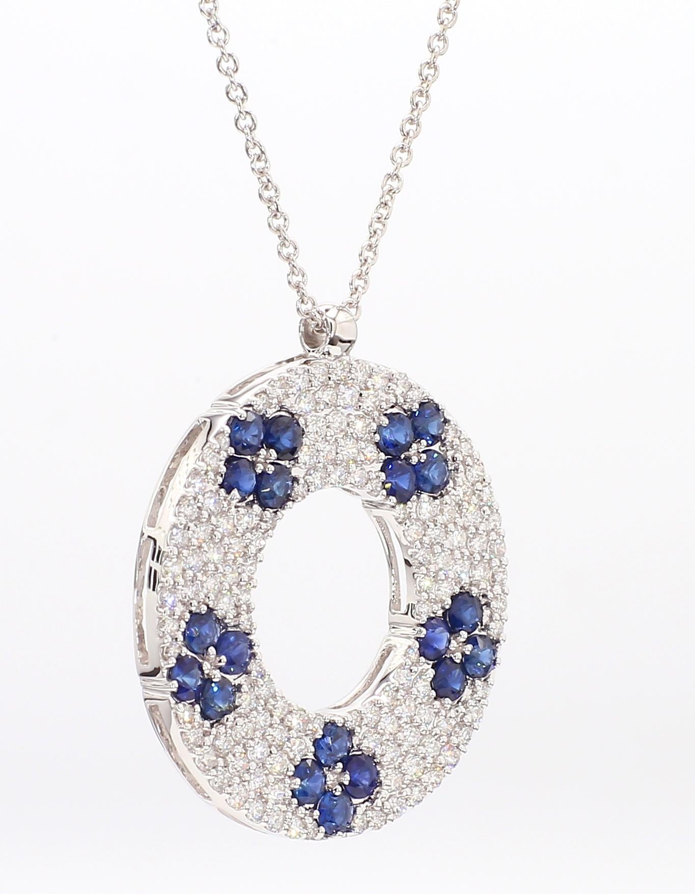 Natural Blue Round Sapphire and White Diamond 2.31 Carat TW White Gold Necklace