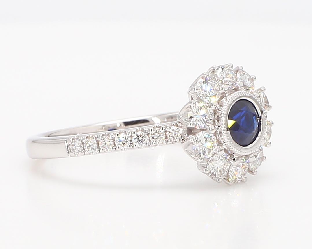 Natural Blue Round Sapphire and White Diamond 1.00 Carat TW White Gold Ring