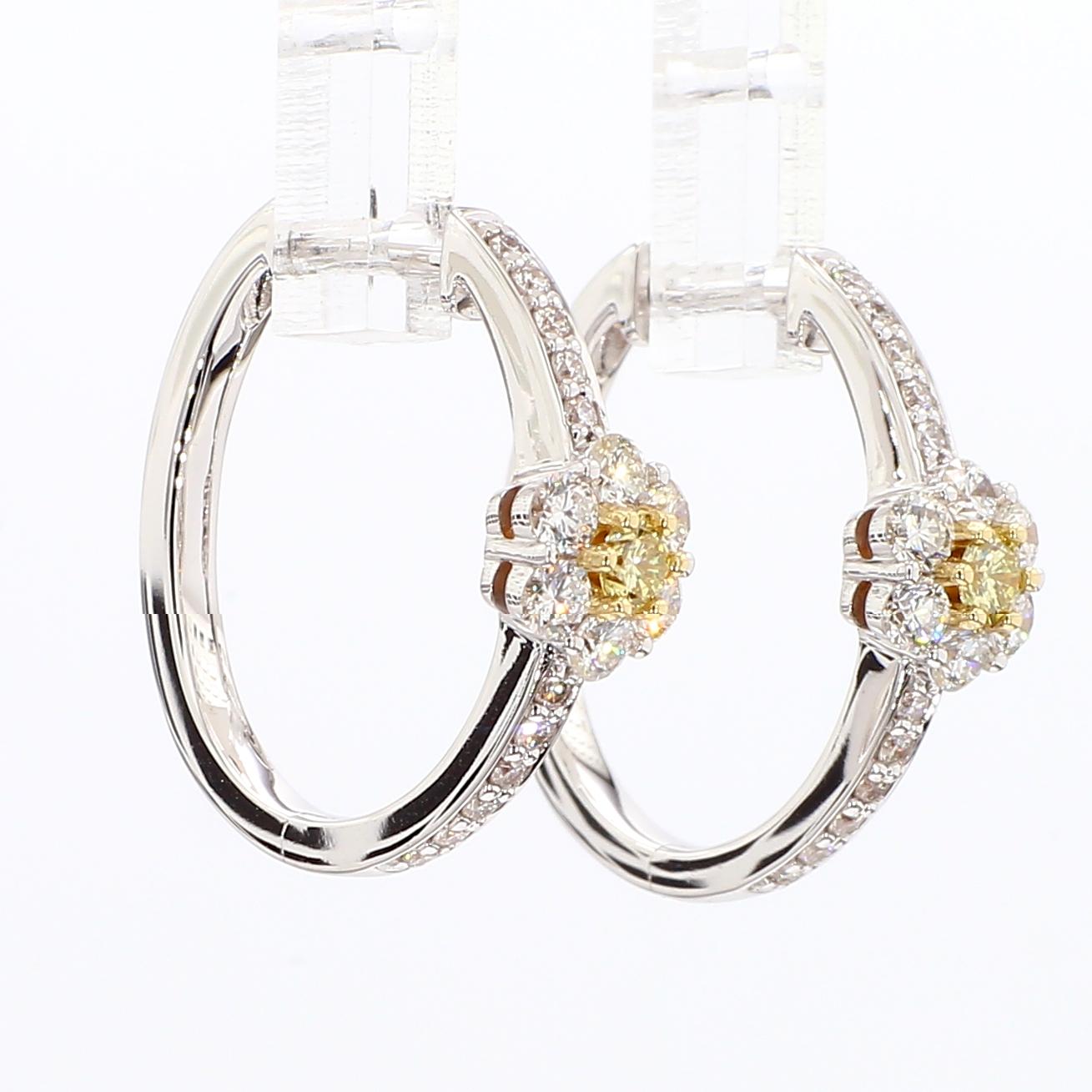 Natural Yellow Round and White Diamond .90 Carat TW Gold Hoop Earrings