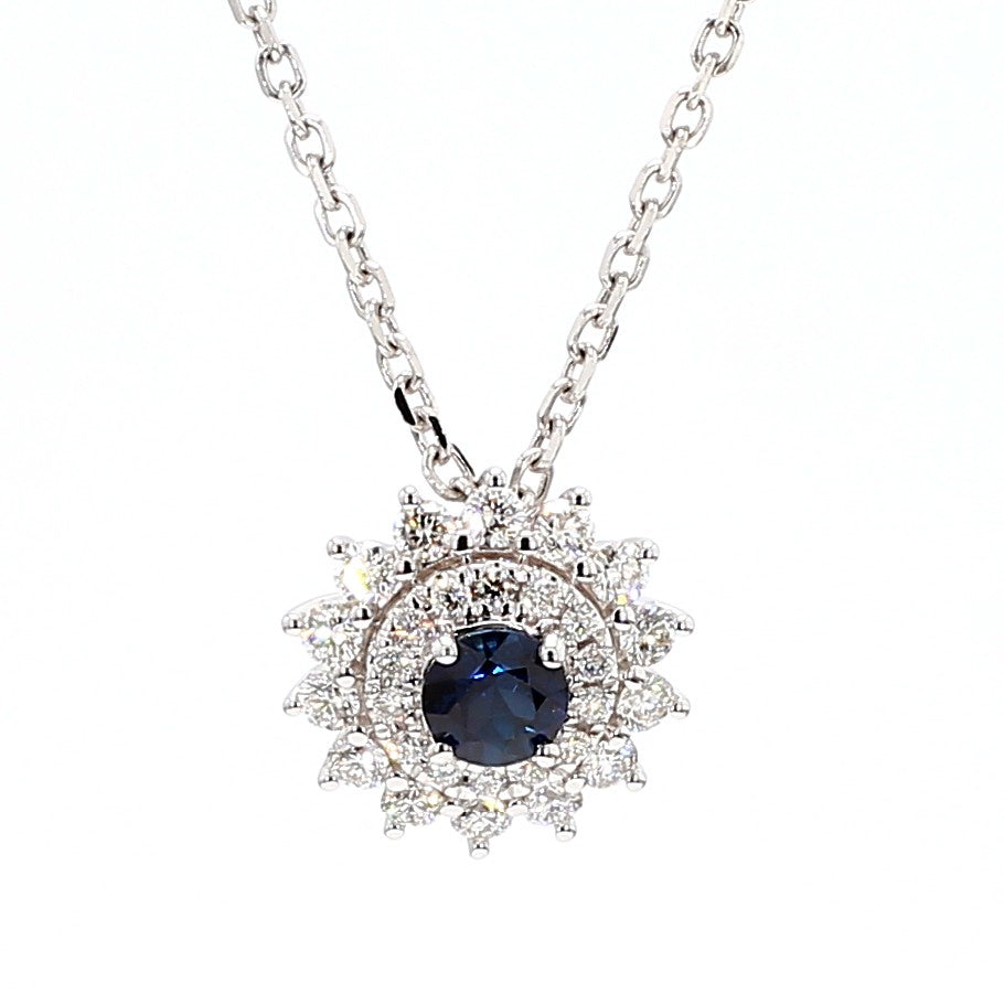 Natural Blue Round Sapphire and White Diamond 0.72 Carat TW Gold Drop Pendant