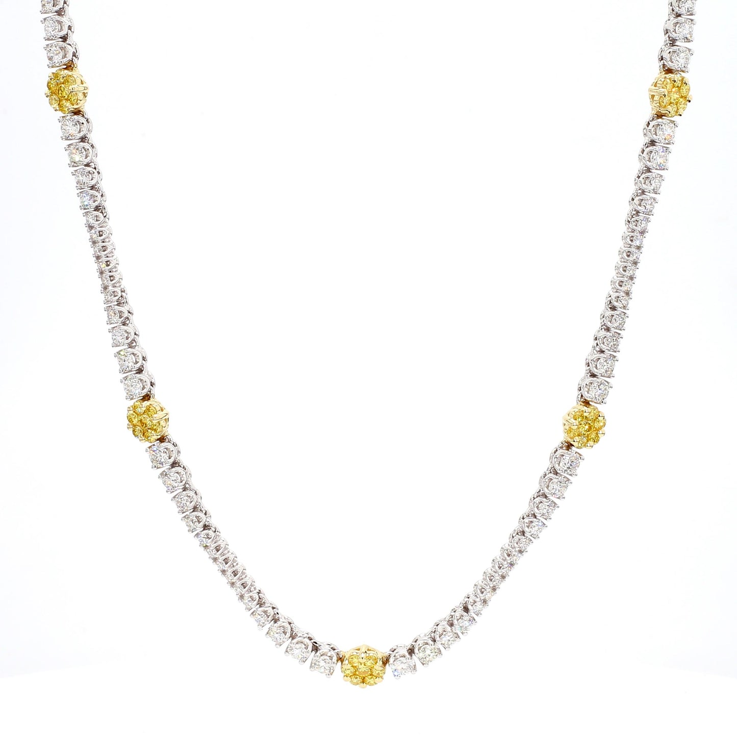 Natural Yellow Round and White Diamond 7.93 Carat TW Gold Drop Necklace