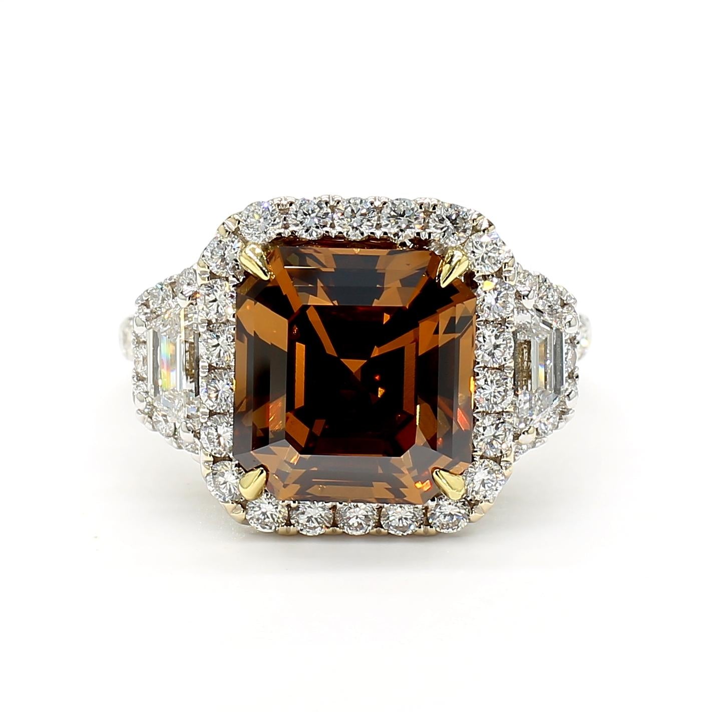 GIA Certified Deep Orange-Brown Emerald Diamond 6.40 Carat TW Gold Cocktail Ring