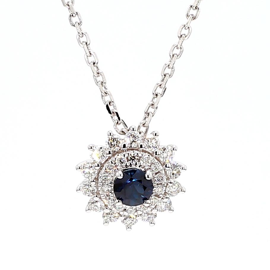 Natural Blue Round Sapphire and White Diamond 0.72 Carat TW Gold Drop Pendant