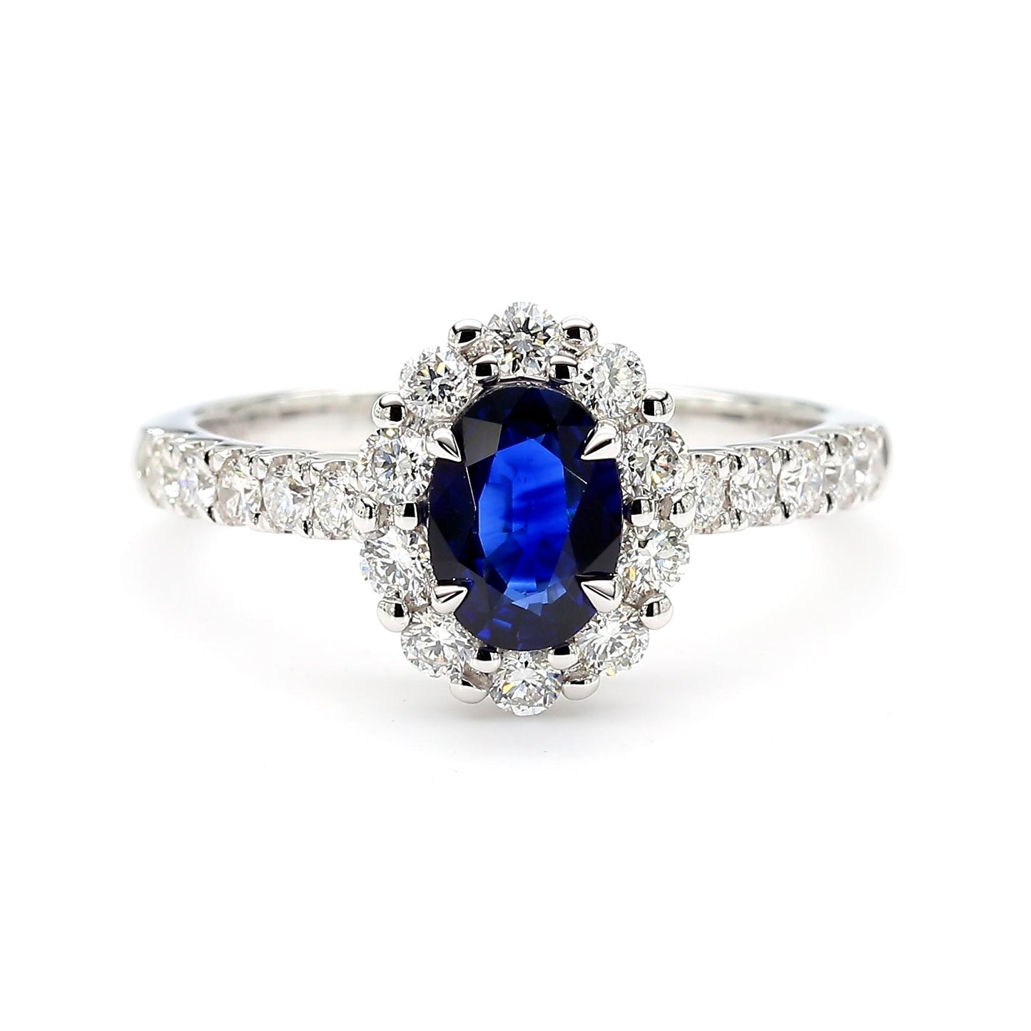 Natural Blue Oval Sapphire and White Diamond 1.59 Carat TW Gold Cocktail Ring
