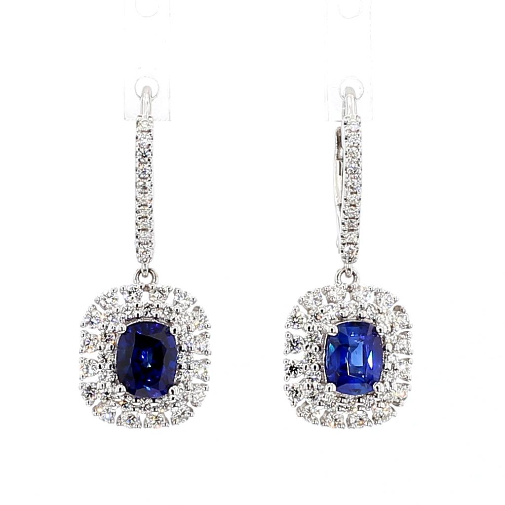 Natural Blue Cushion Sapphire and White Diamond 2.53 Carat TW Gold Drop Earrings