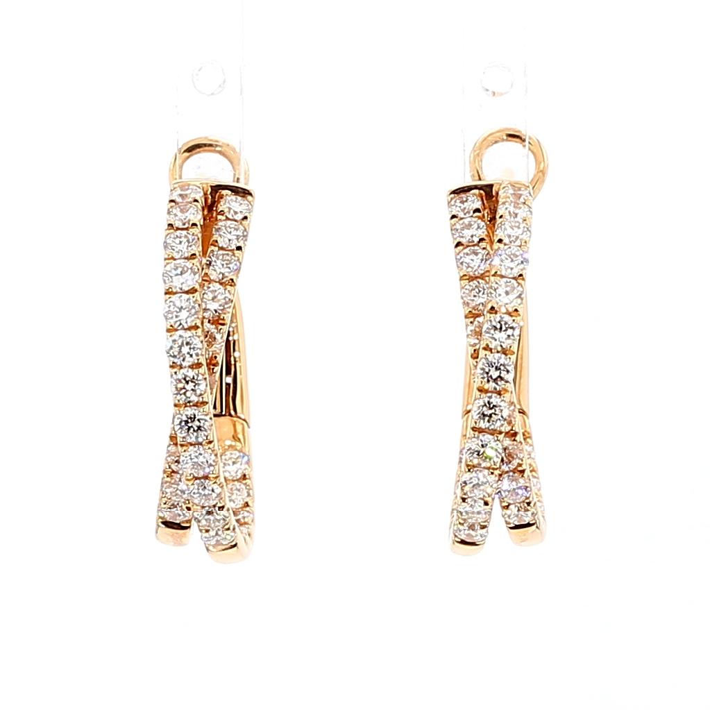 Natural White Round Diamond 1.66 Carat TW Rose Gold Hoop Earrings