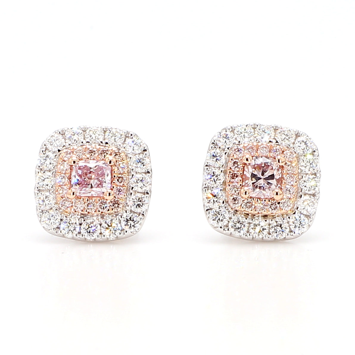 GIA Fancy Light Purplish Pink Cushion Diamond 0.99 Carat TW Gold Earrings