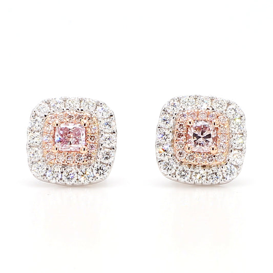 GIA Fancy Light Purplish Pink Cushion Diamond 0.99 Carat TW Gold Earrings