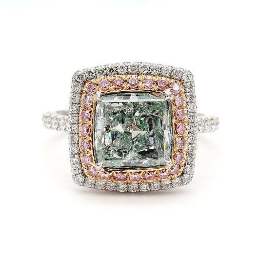 GIA Certified Natural Light Green Cushion Diamond 3.07 Carat TW Platinum Ring