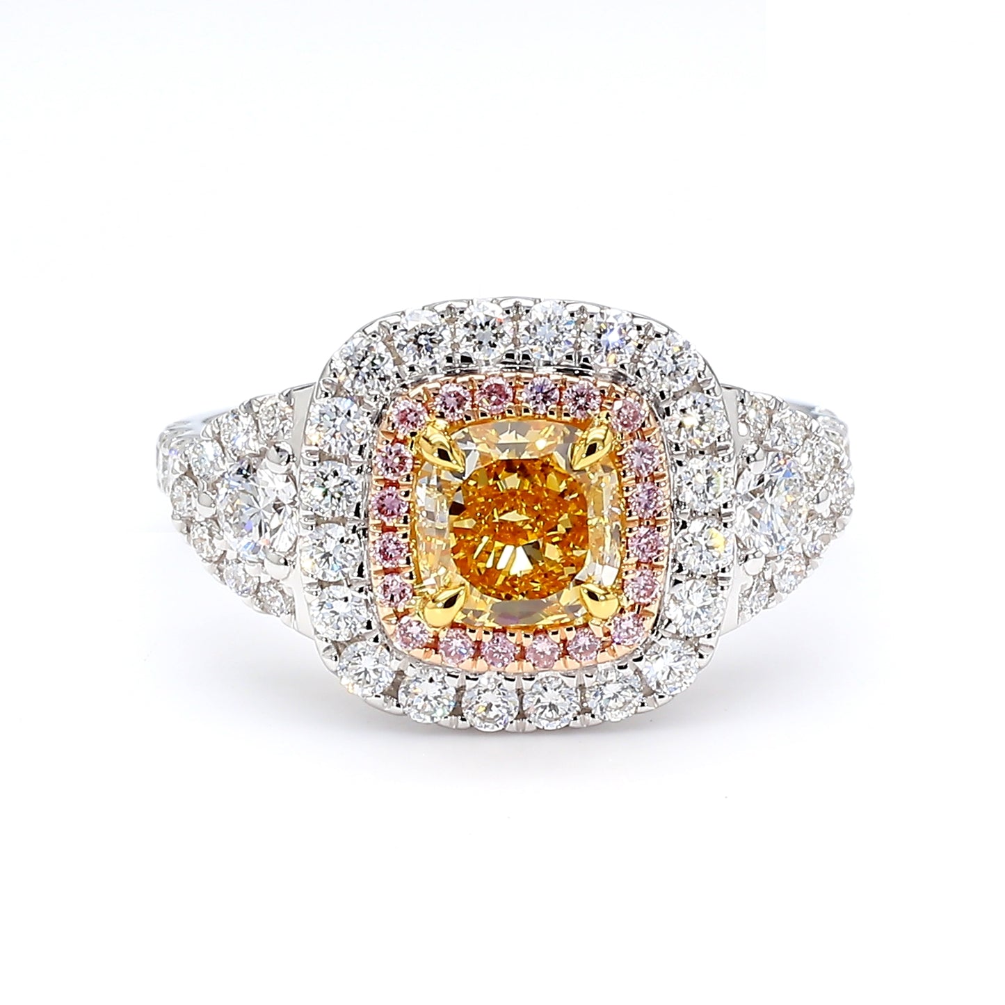 GIA Natural Fancy Intense Orangy Yellow Cushion Diamond 1.92 Carat TW Gold Ring