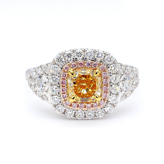 GIA Natural Fancy Intense Orangy Yellow Cushion Diamond 1.92 Carat TW Gold Ring