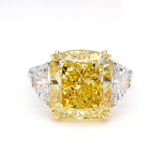 GIA Natural Fancy Intense Yellow Cushion Diamond 11.28 Carat TW Platinum Ring