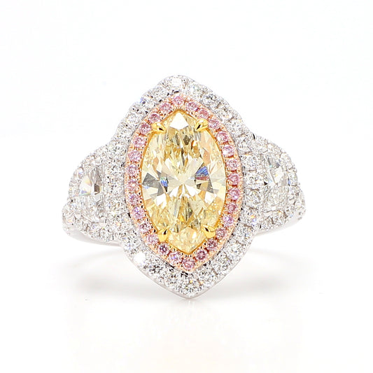 GIA Certified Natural Light Yellow Marquise Diamond 3.51 Carat TW Gold Ring