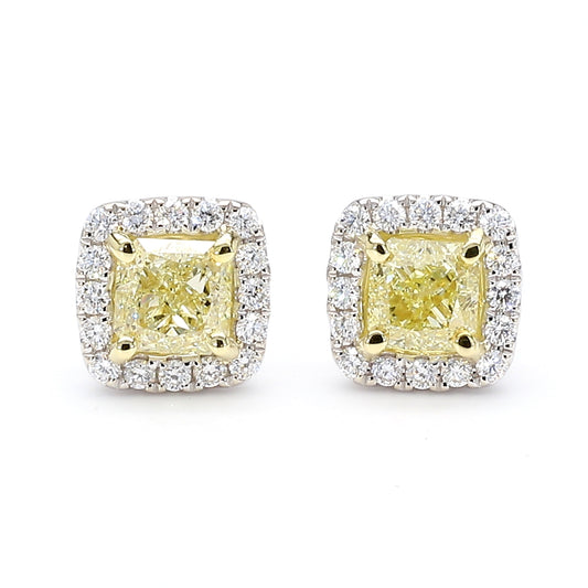GIA Certified Natural Light Yellow Radiant Diamond 1.79 Carat TW Gold Earrings