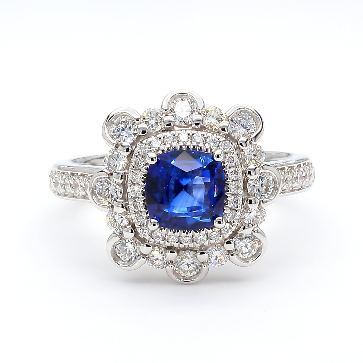 Natural Blue Cushion Sapphire and Diamond 2.03 Carat TW Gold Ring
